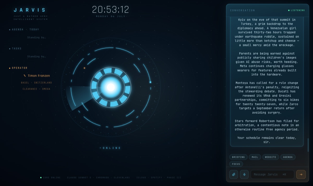 J.A.R.V.I.S. command HUD with an arc-reactor core