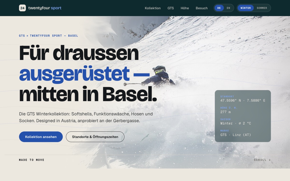 TwentyFour Sport website — hero with a skier